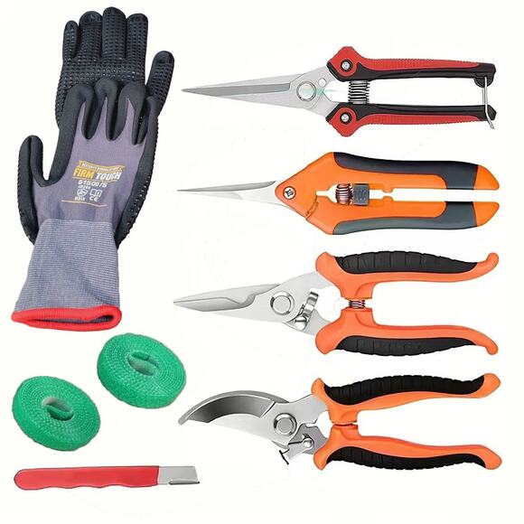8 Pcs Garden Set. 4 Trimming Scissors, Sharpener, Gloves (S), 2 Plant Tie Rolls - Picture 1 of 10